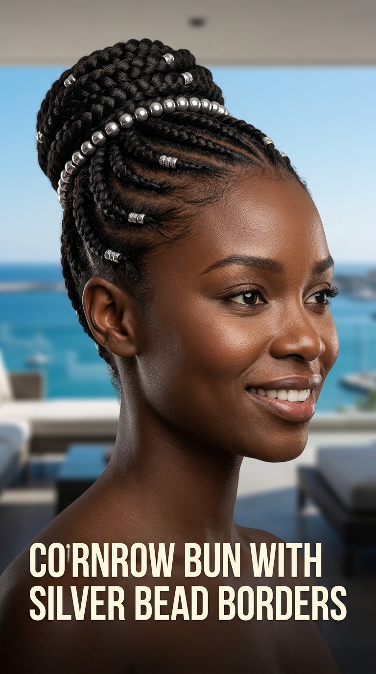 Cornrow Bun with Silver Bead Borders