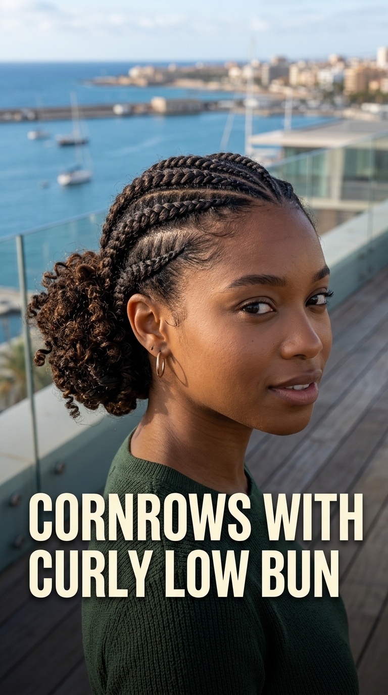 Cornrows with Curly Low Bun