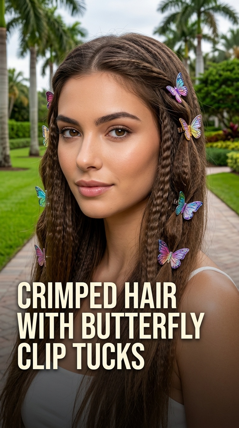 Crimped Hair with Butterfly Clip Tucks