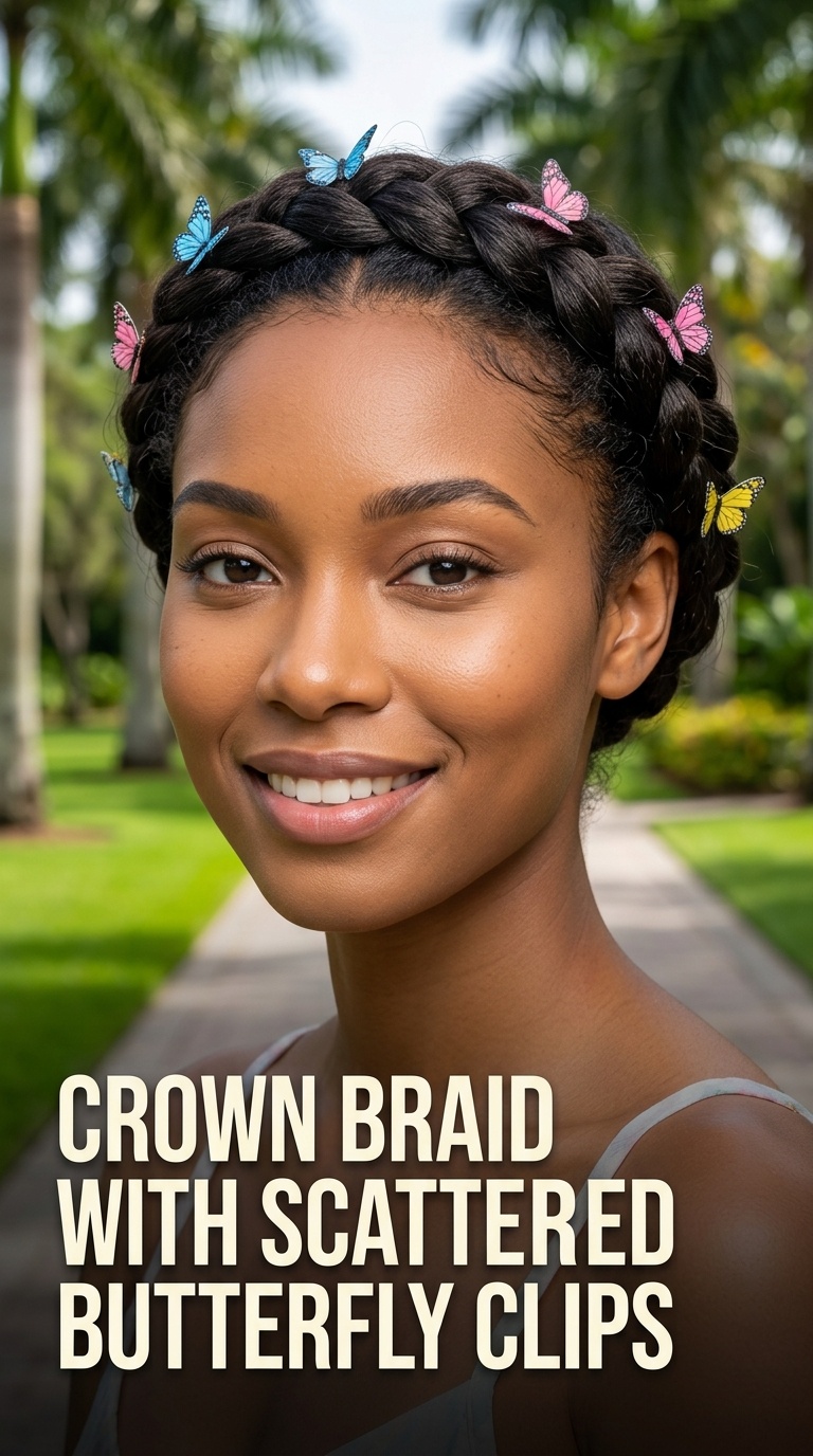 Crown Braid with Scattered Butterfly Clips