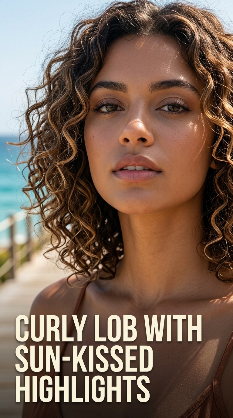 Curly Lob with Sun-Kissed Highlights