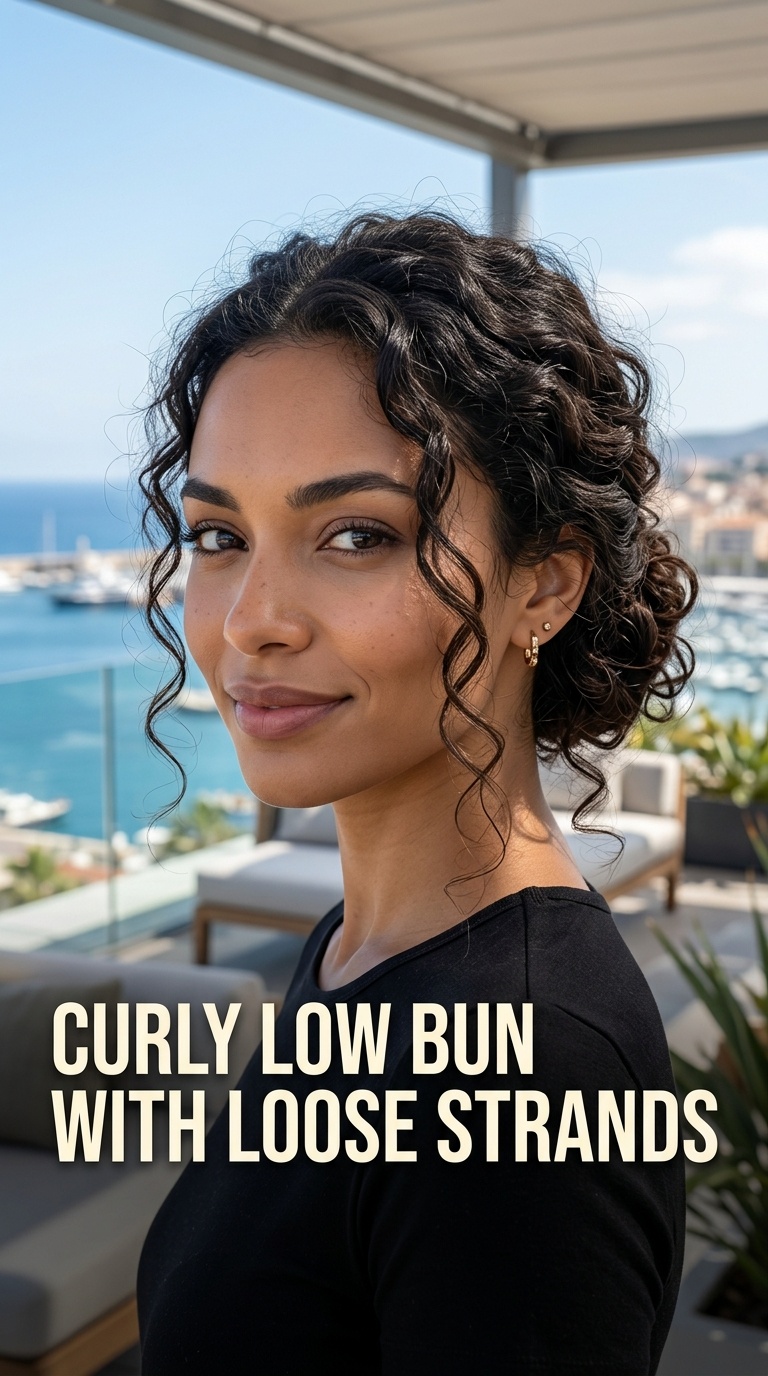 Curly Low Bun with Loose Strands