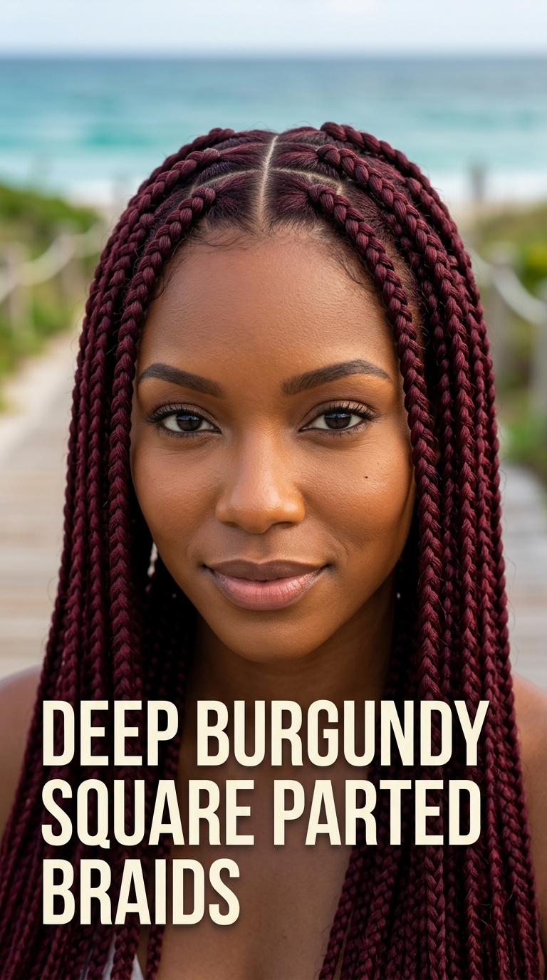 Deep Burgundy Square Parted Braids