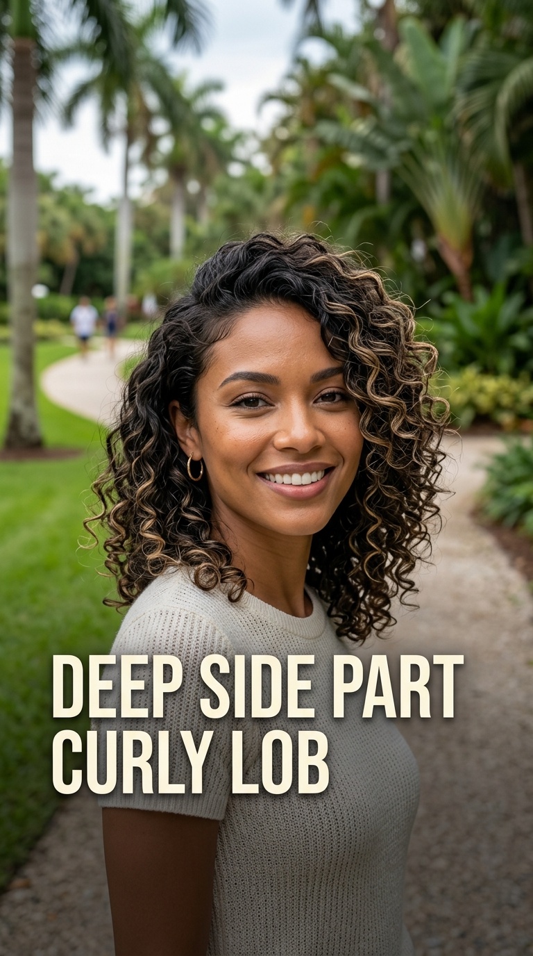 Deep Side Part Curly Lob