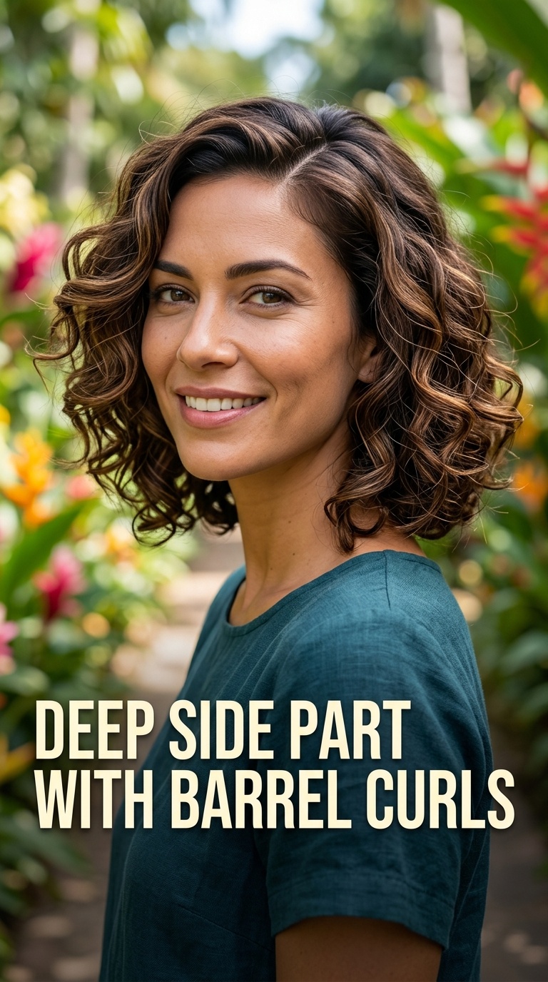 Deep Side Part with Barrel Curls