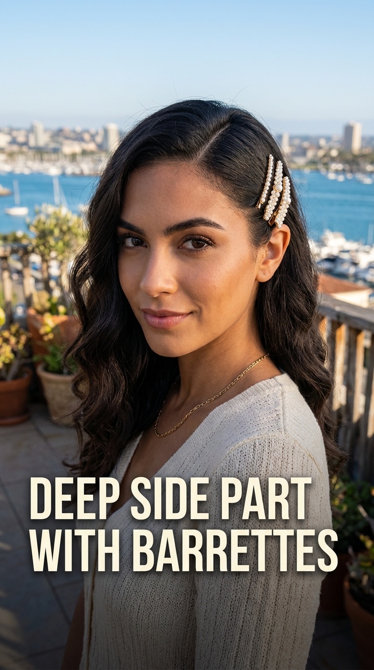 Deep Side Part with Barrettes