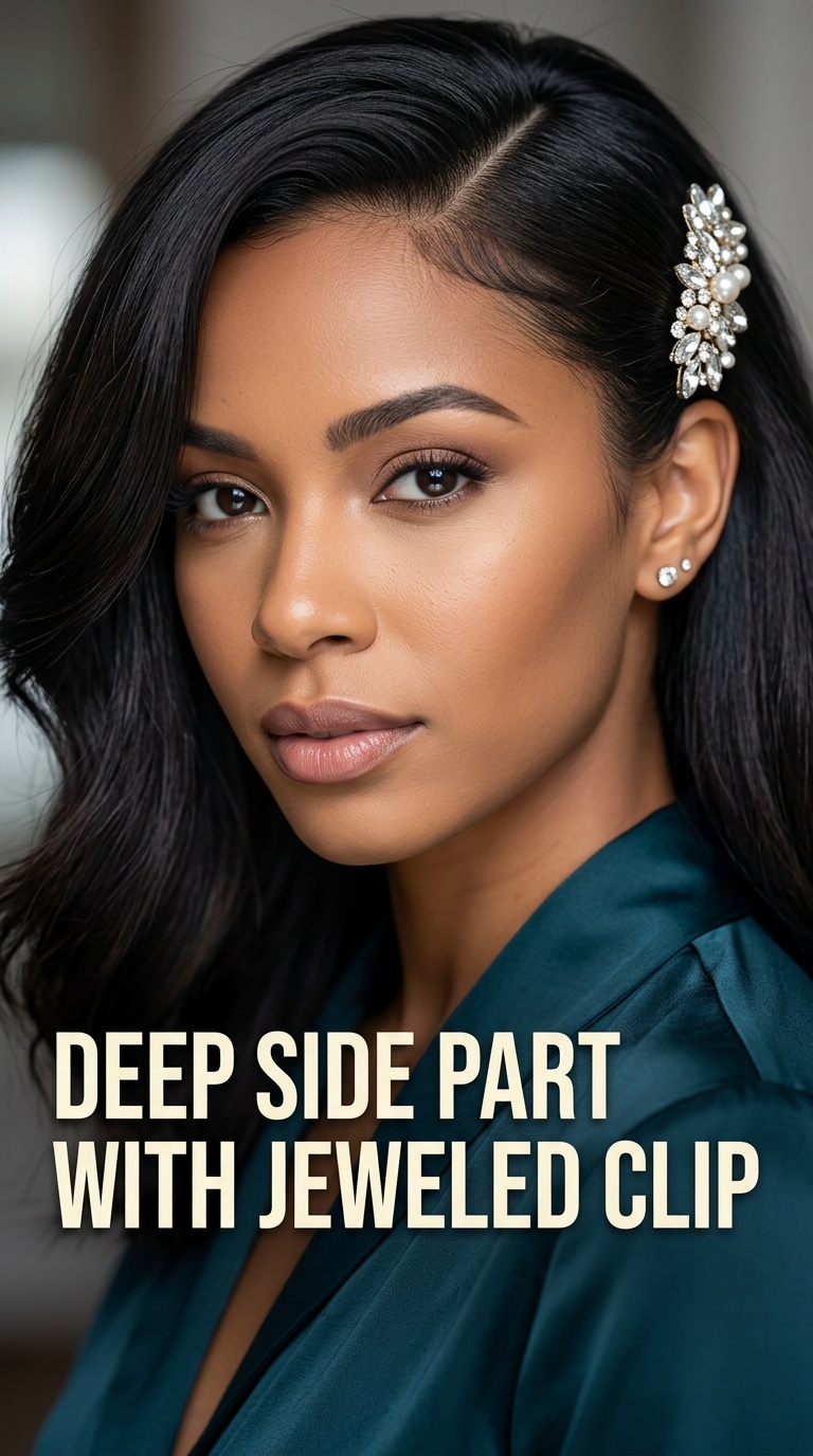 Deep Side Part with Jeweled Clip