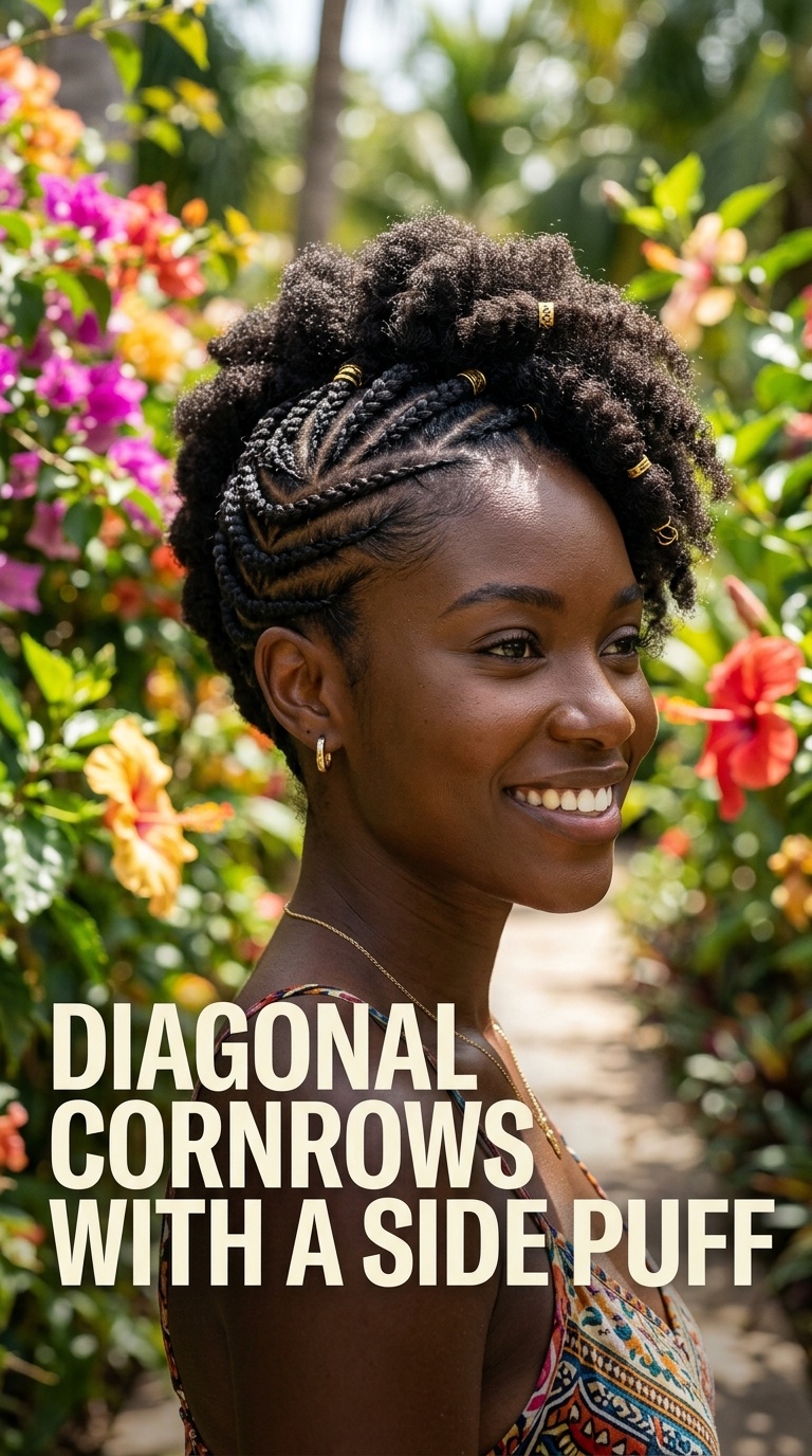 Diagonal Cornrows with a Side Puff