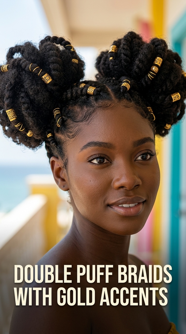 Double Puff Braids with Gold Accents