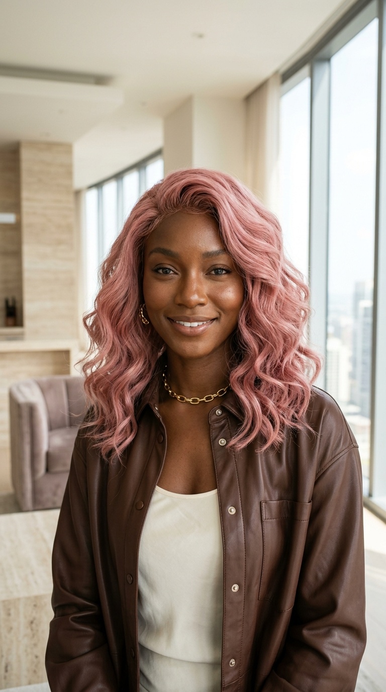 Dusty Rose Pink Wavy Wigs
