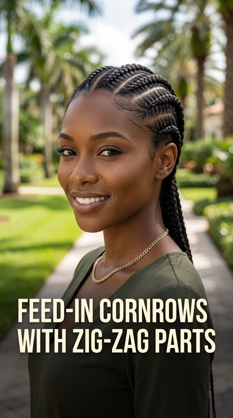 Feed-in Cornrows with Zig-Zag Parts