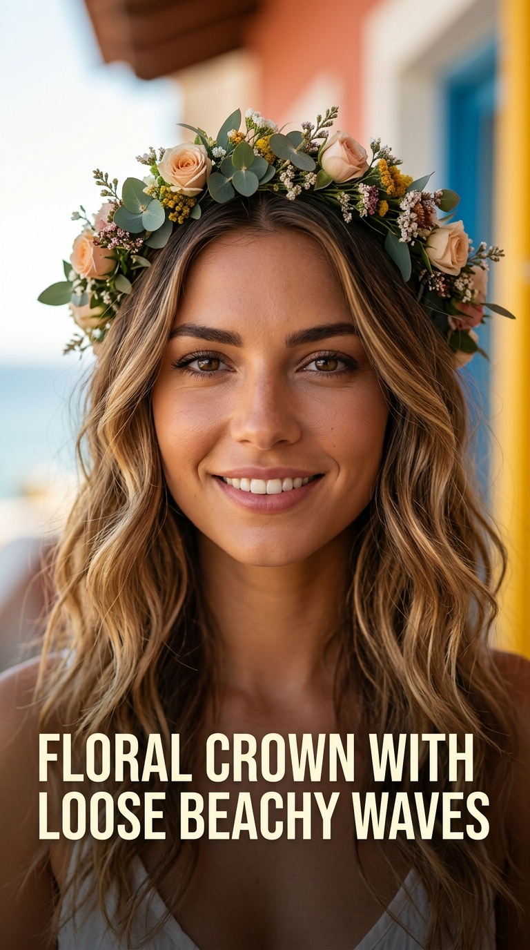 Floral Crown with Loose Beachy Waves
