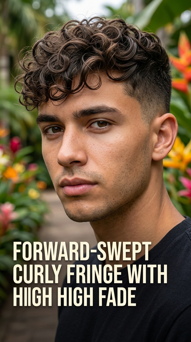 Forward-Swept Curly Fringe with High Fade