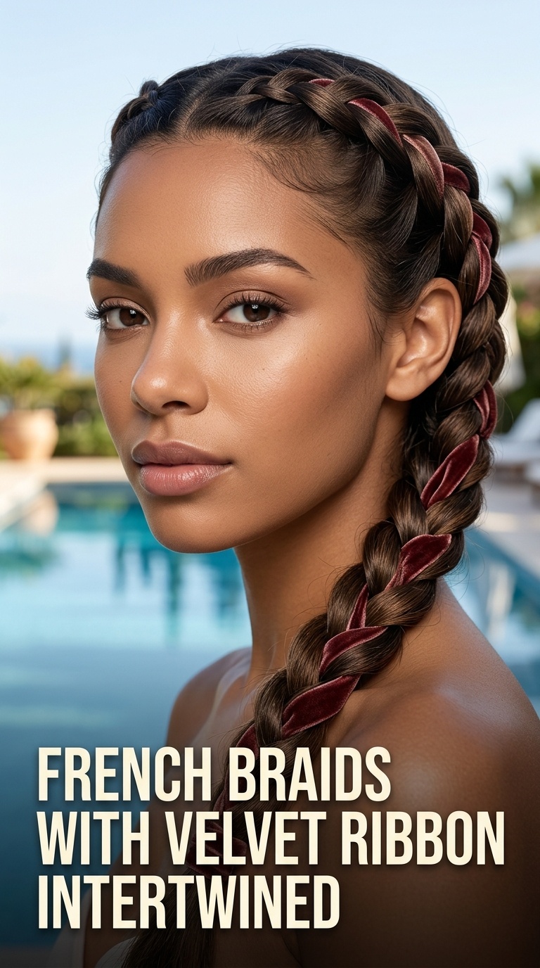 French Braids with Velvet Ribbon Intertwined