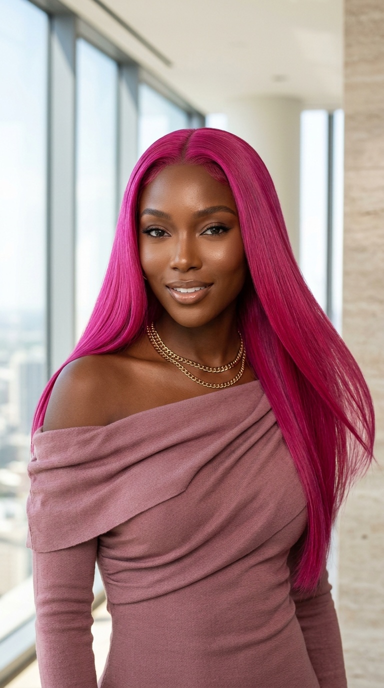 Fuchsia Pink Long Straight Wigs