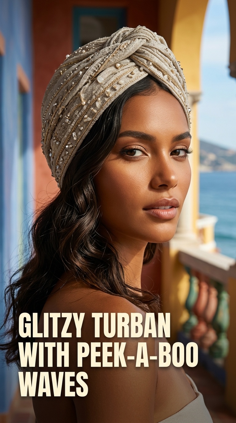 Glitzy Turban with Peek-a-Boo Waves