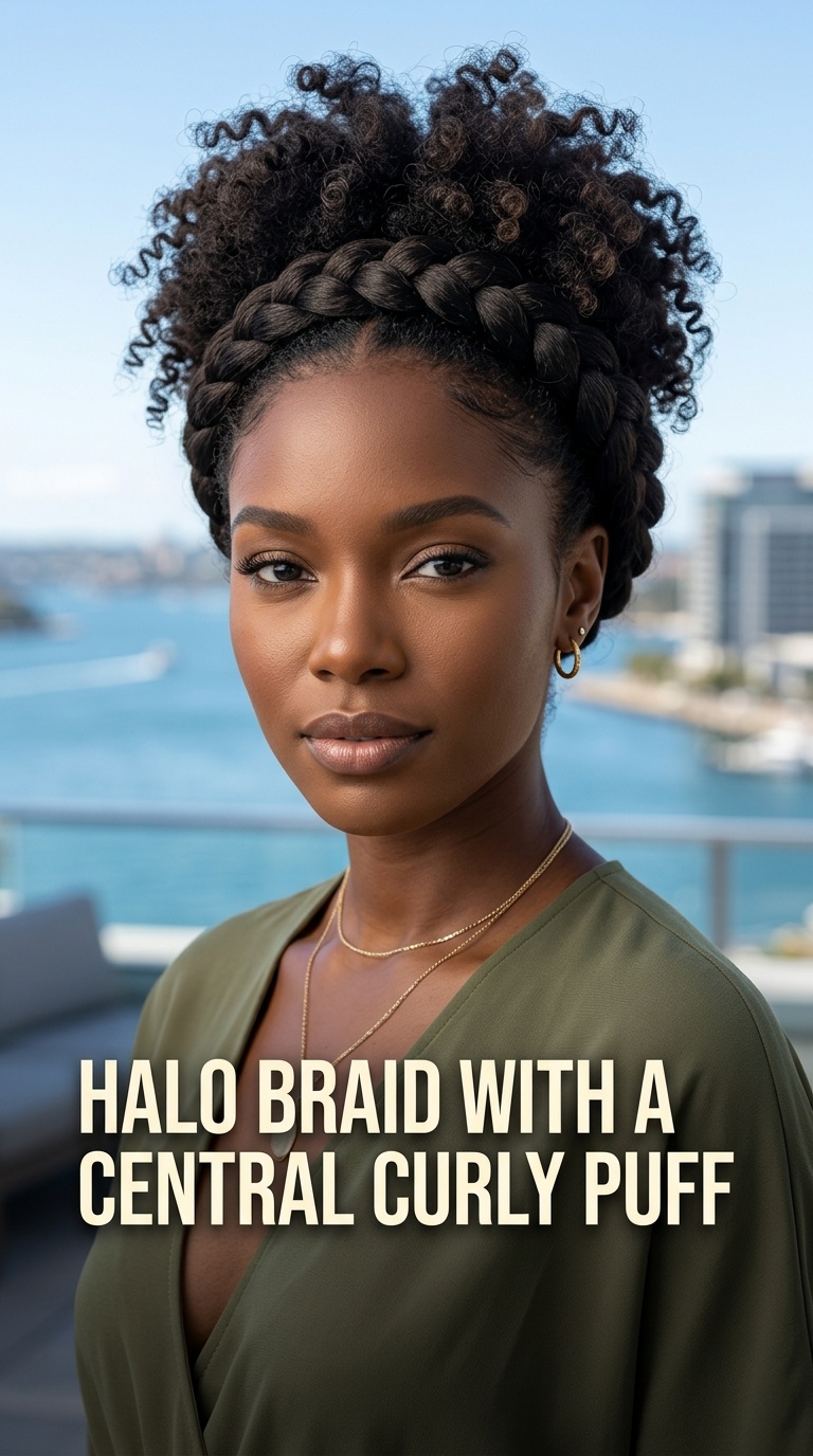 Halo Braid with a Central Curly Puff