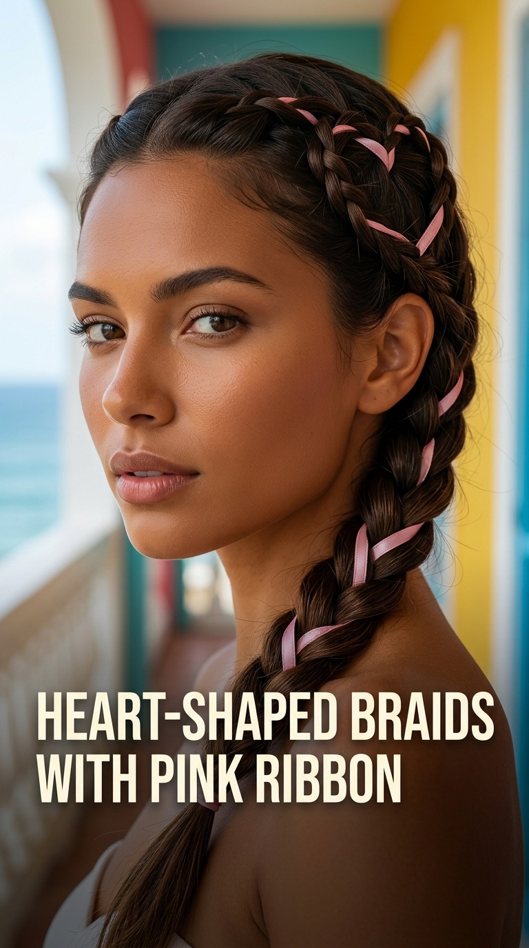 Heart-Shaped Braids with Pink Ribbon