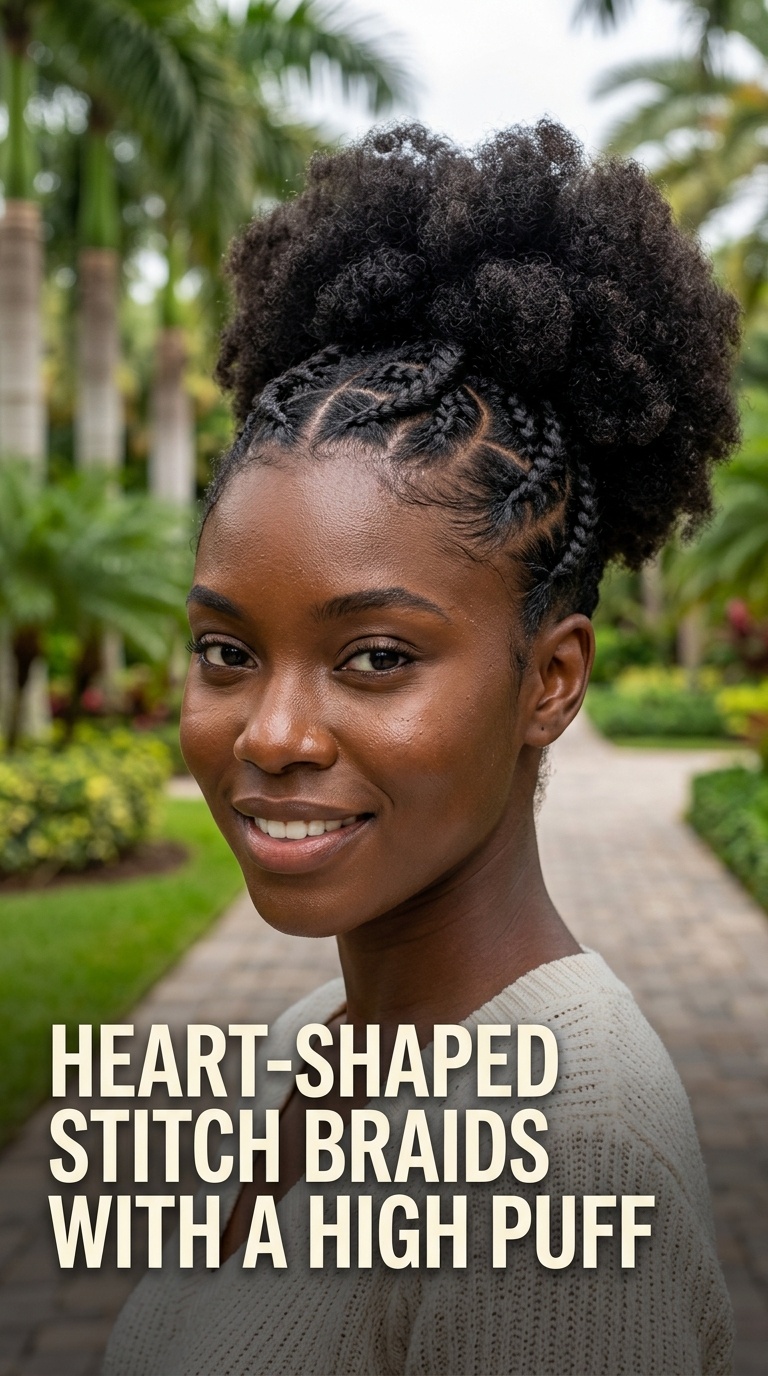 Heart-Shaped Stitch Braids with a High Puff