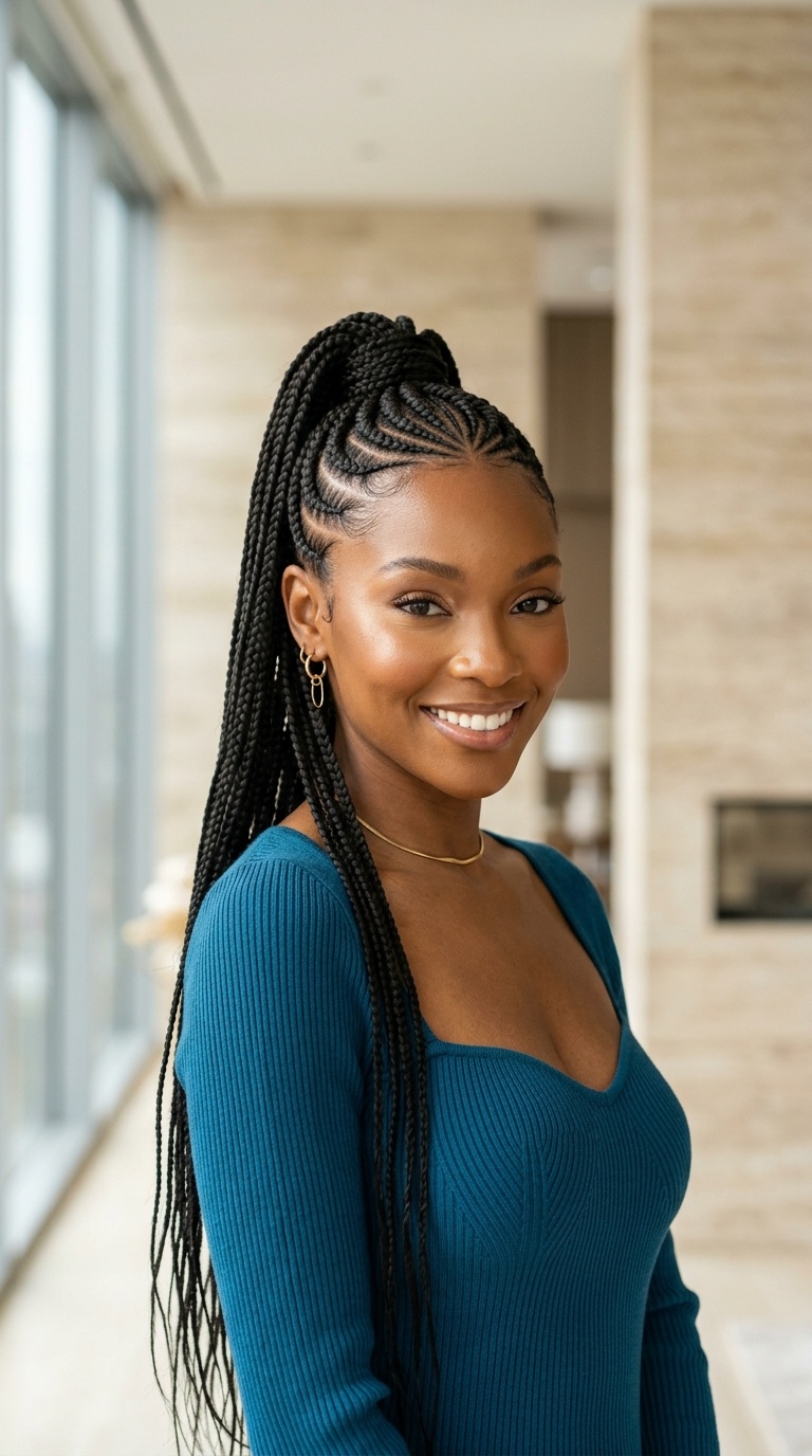 High Braided Ponytail Black Hair