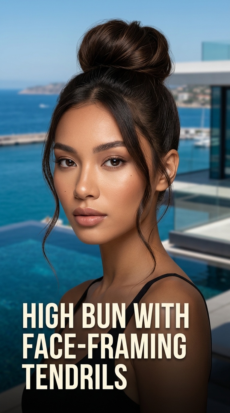 High Bun with Face-Framing Tendrils
