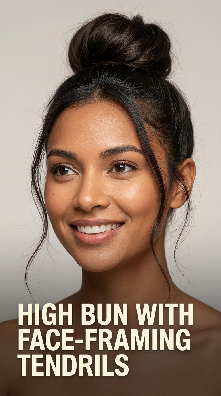 High Bun with Face-Framing Tendrils
