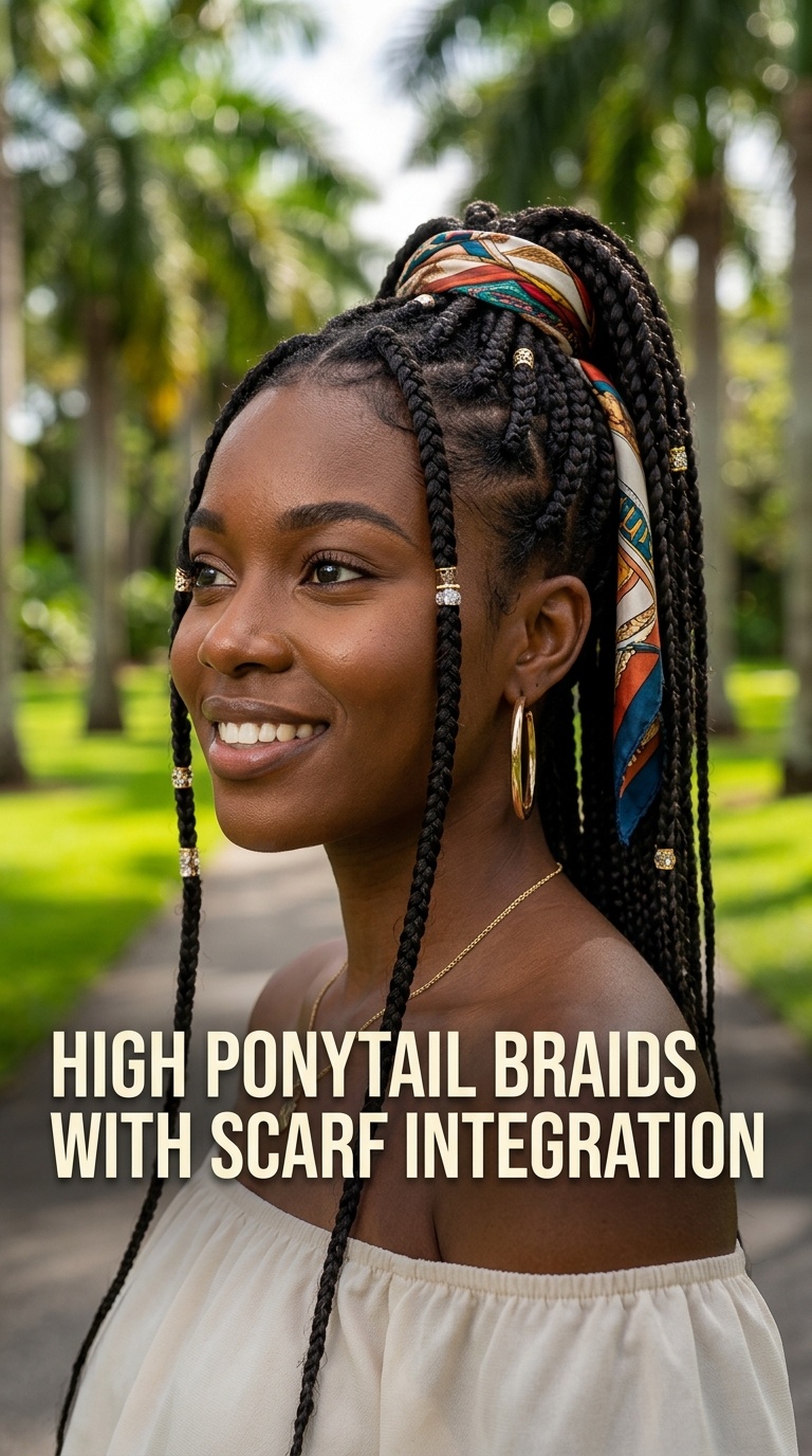 High Ponytail Braids with Scarf Integration