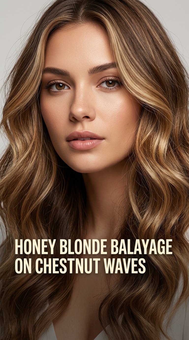Honey Blonde Balayage on Chestnut Waves