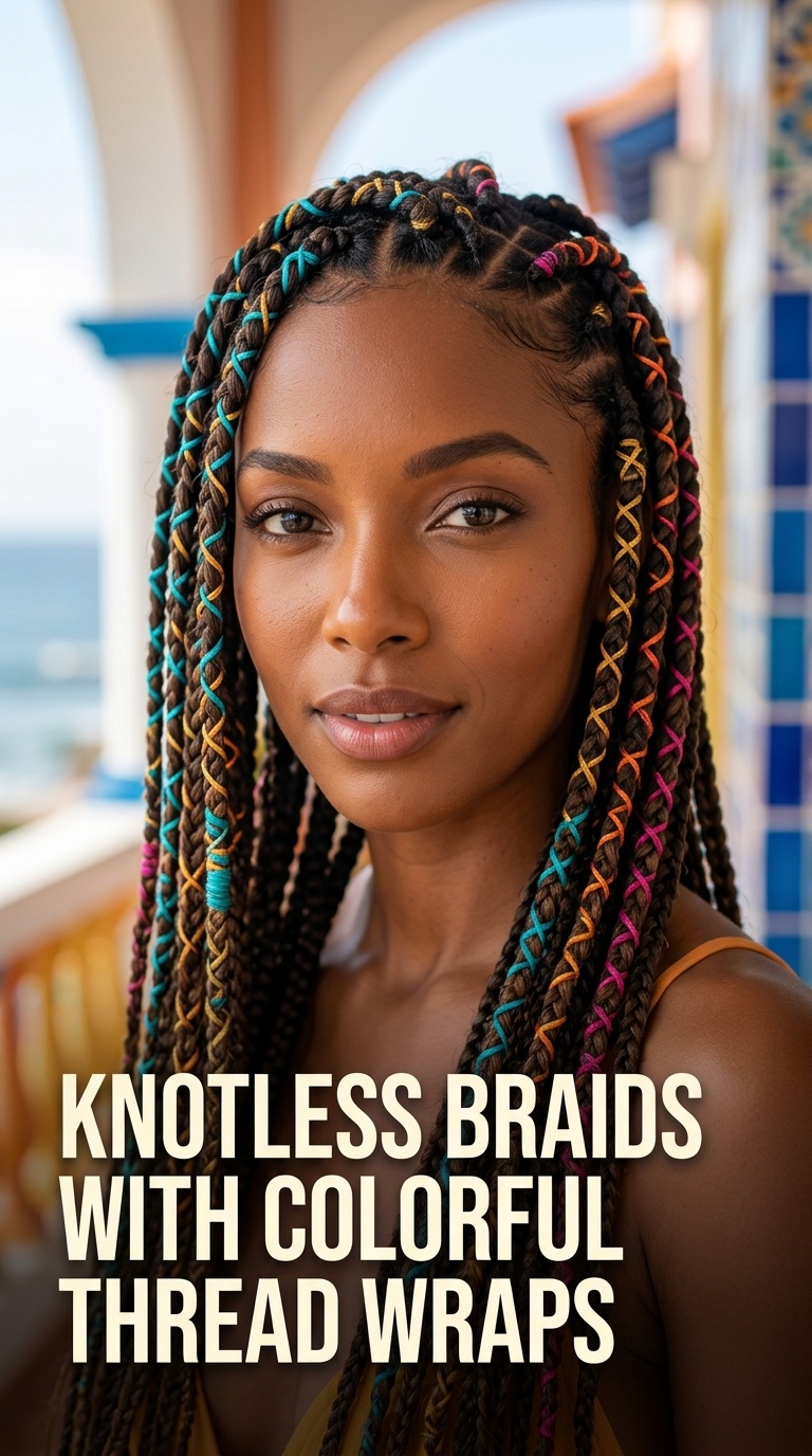 Knotless Braids with Colorful Thread Wraps