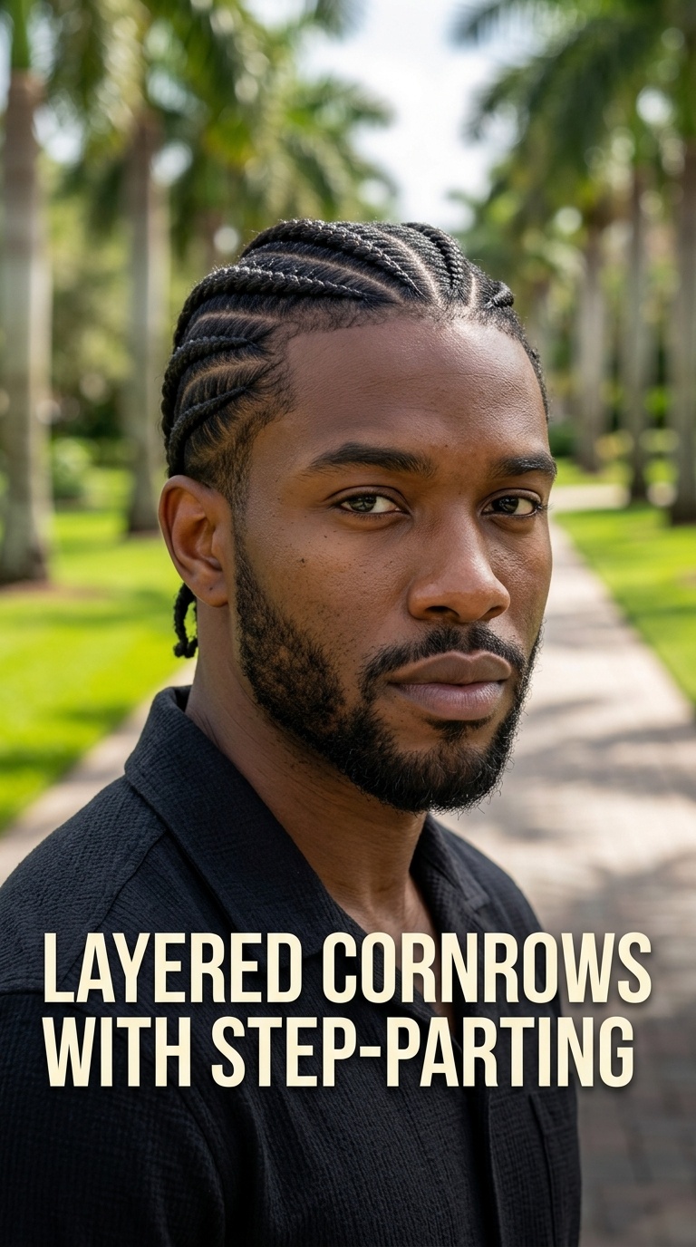 Layered Cornrows with Step-Parting