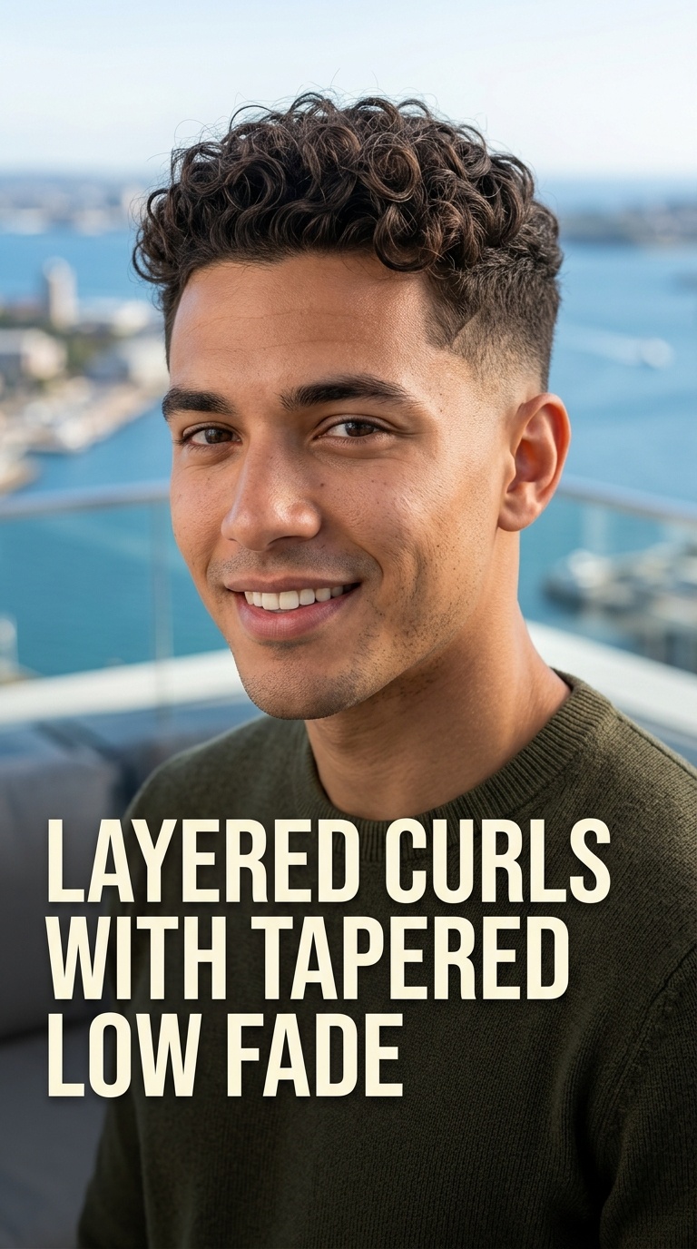 Layered Curls with Tapered Low Fade