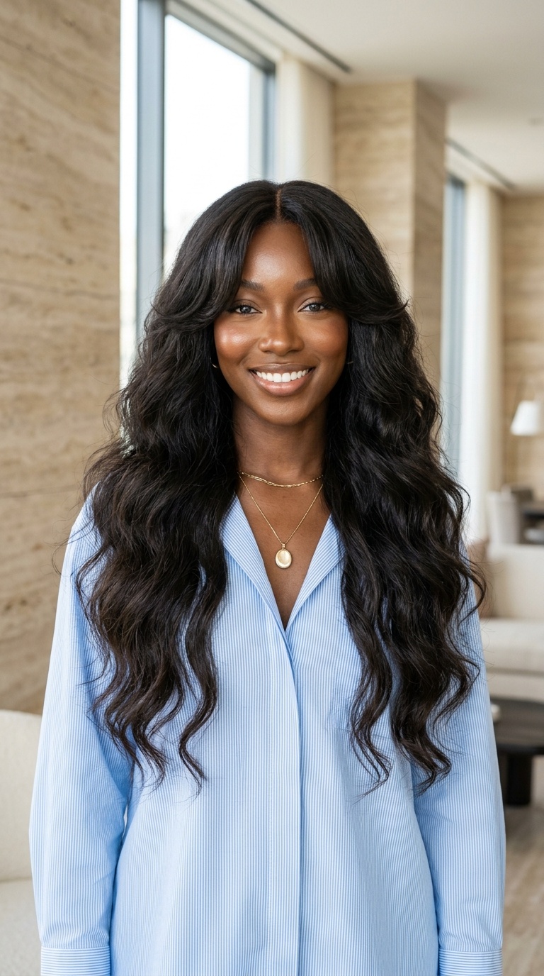 Long Hair Curtain Bangs Black Women