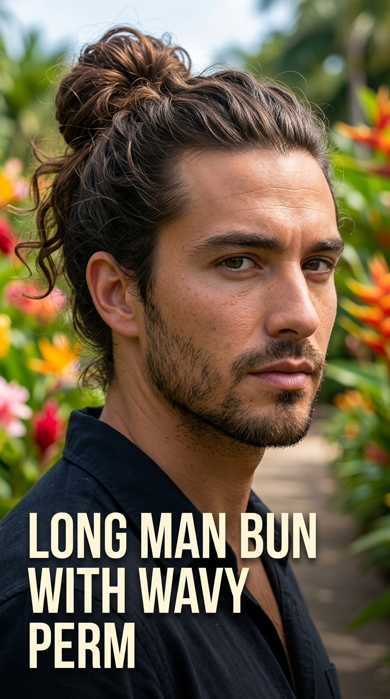 Long Man Bun with Wavy Perm