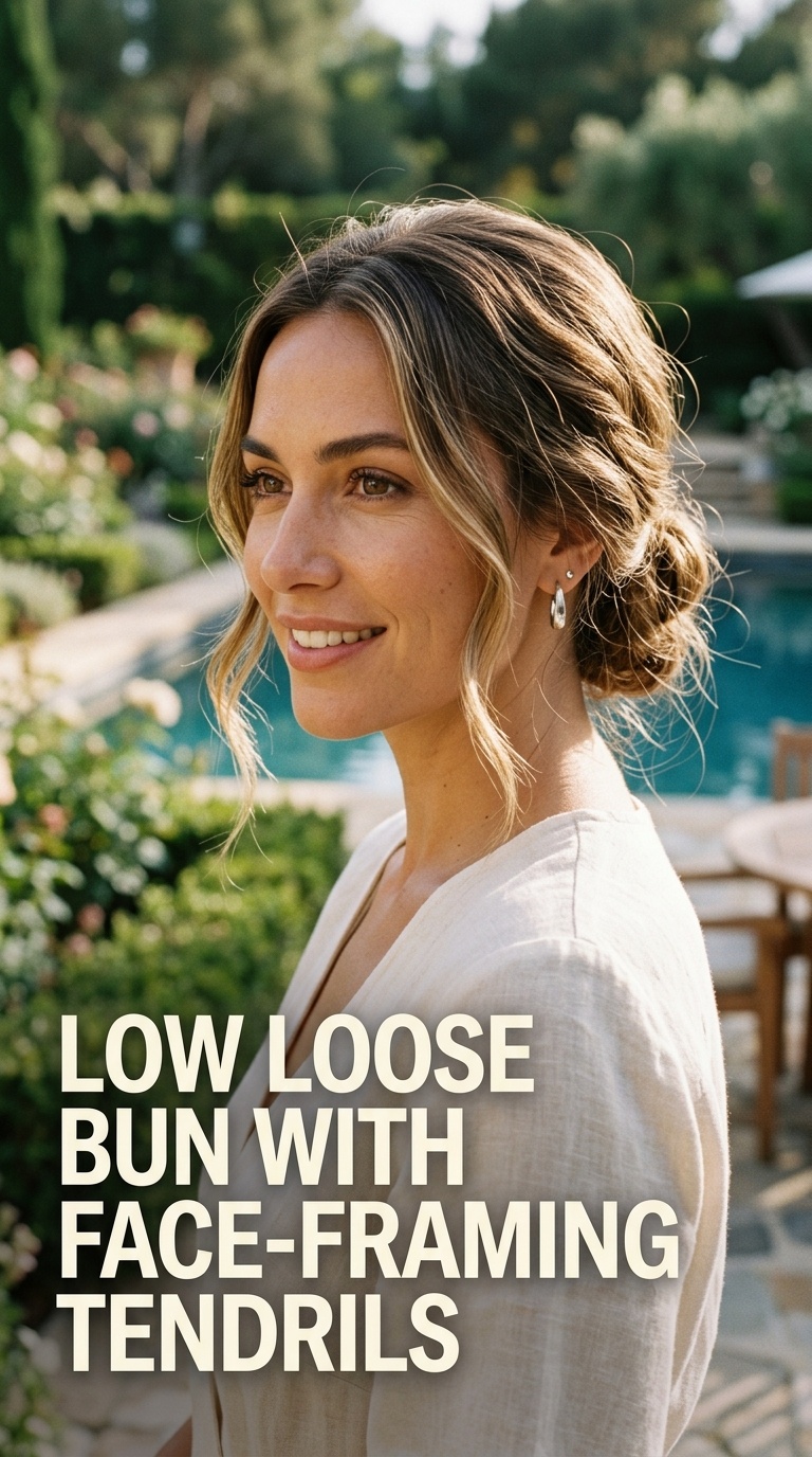 Low Loose Bun with Face-Framing Tendrils
