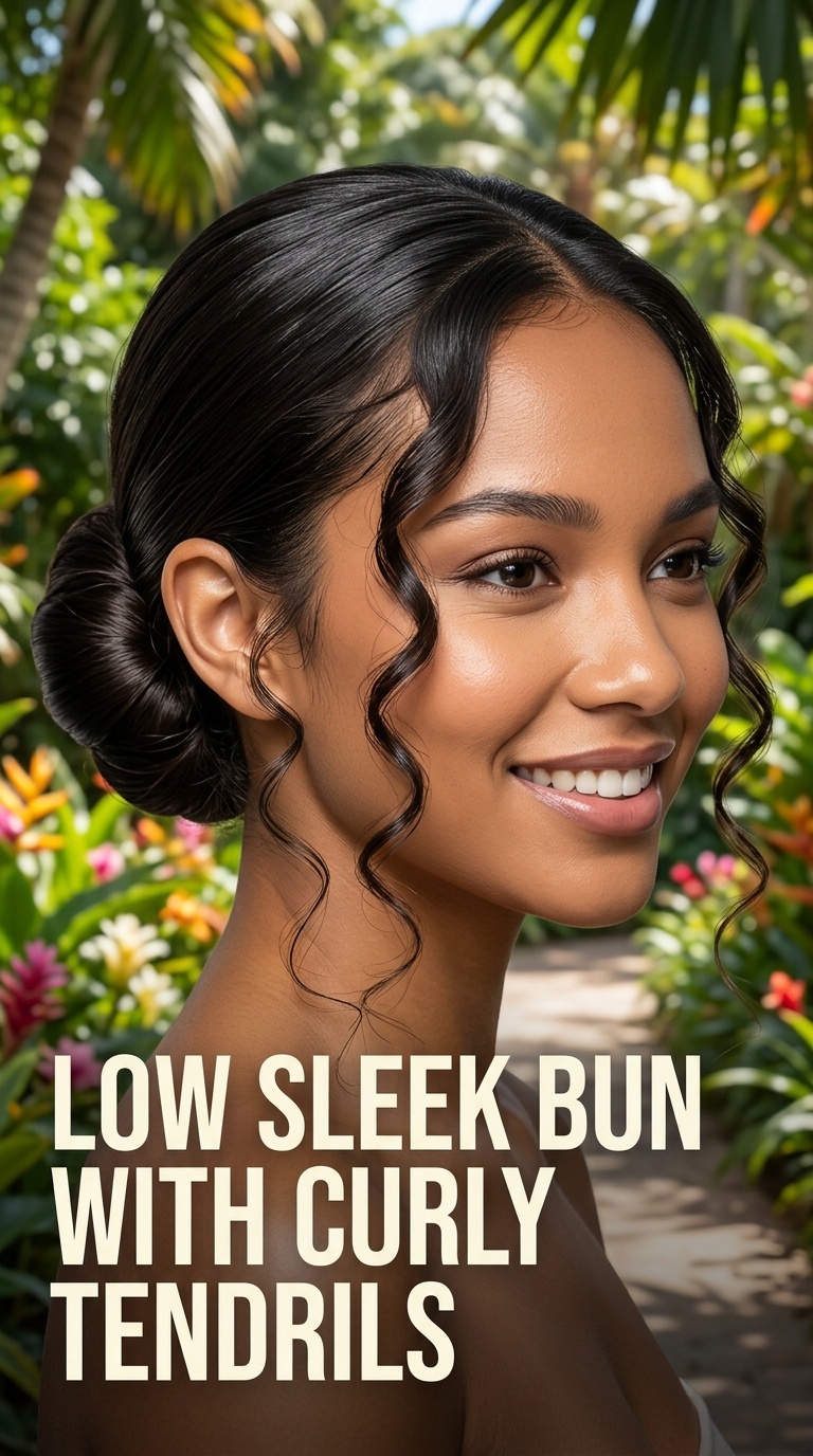 Low Sleek Bun with Curly Tendrils