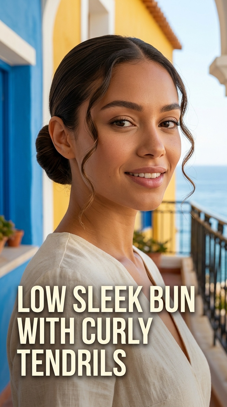Low Sleek Bun with Curly Tendrils