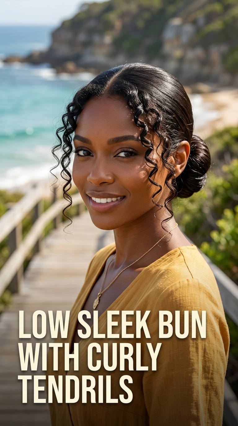 Low Sleek Bun with Curly Tendrils