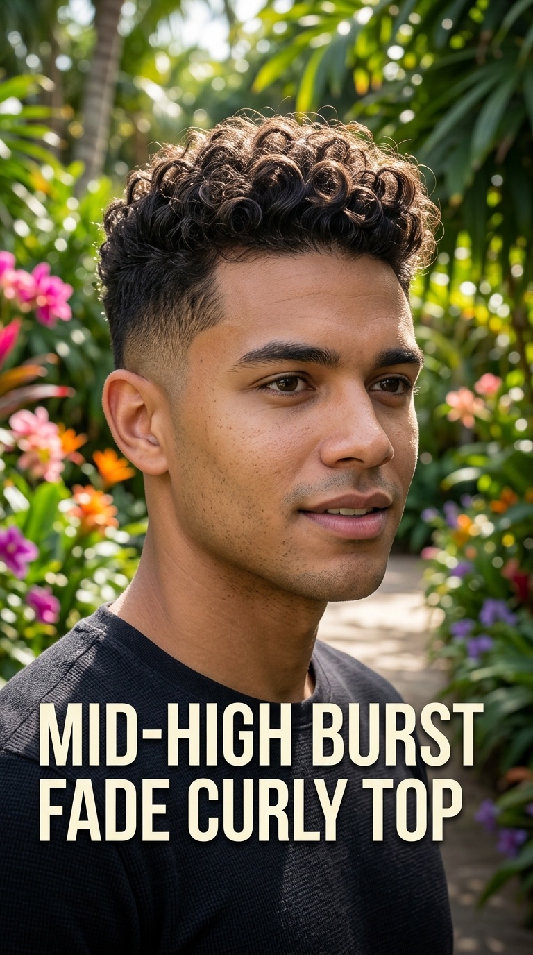 Mid-High Burst Fade Curly Top