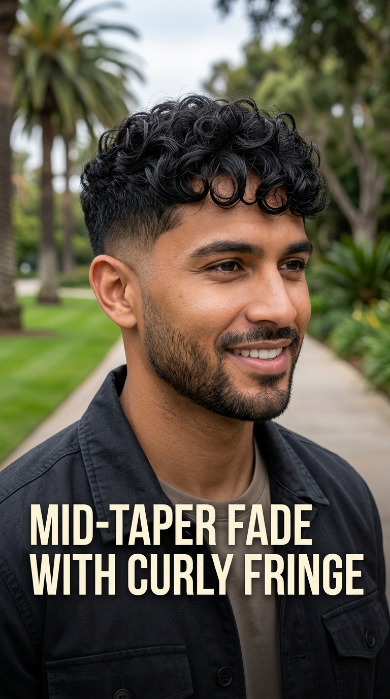 Mid-Taper Fade with Curly Fringe