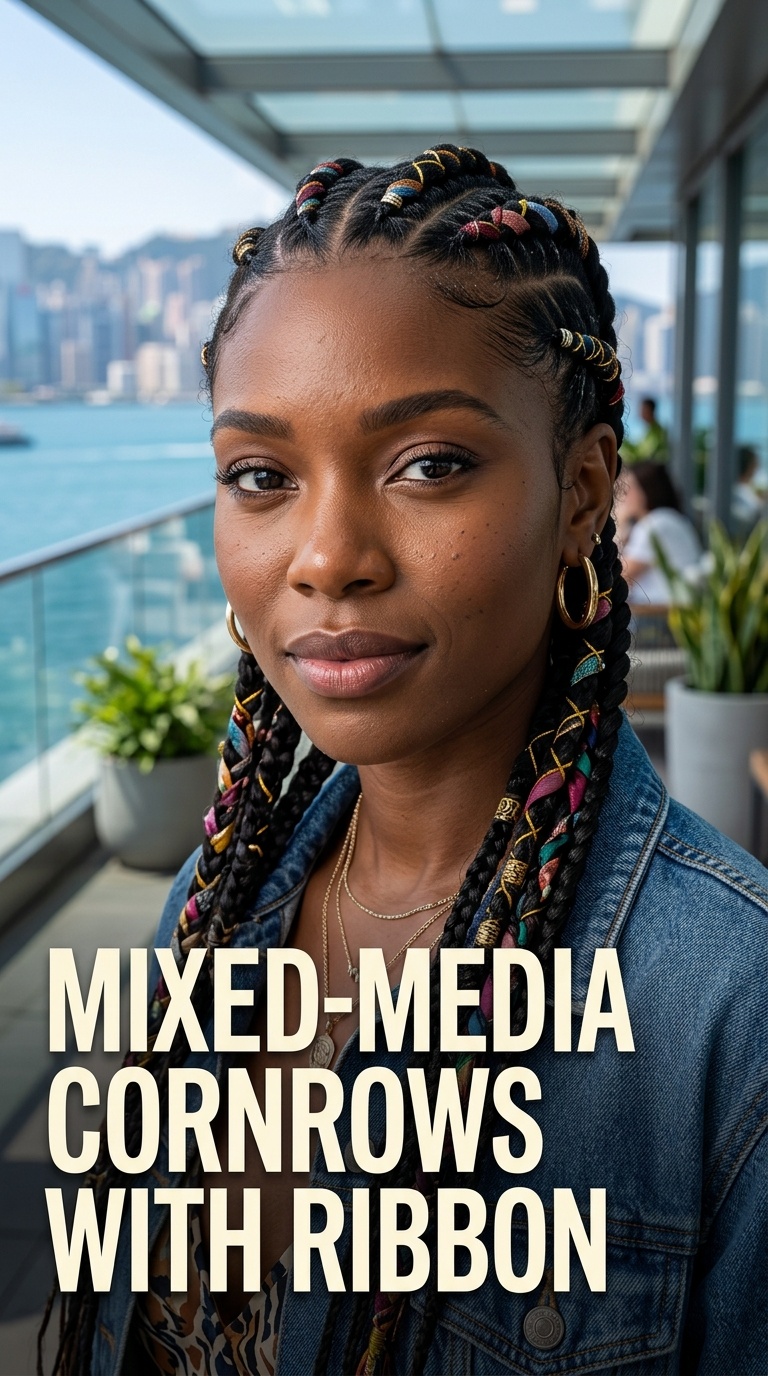 Mixed-Media Cornrows with Ribbon