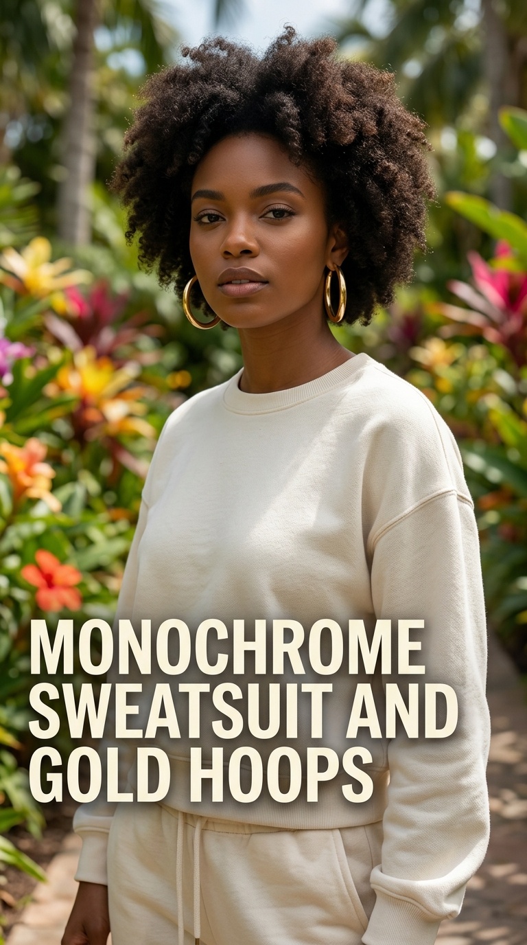 Monochrome Sweatsuit and Gold Hoops