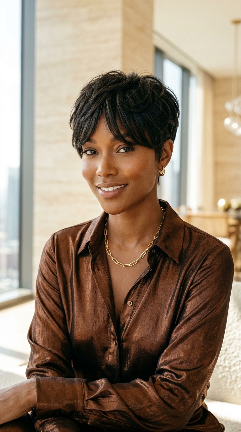 Pixie Cut Curtain Bangs Black Women