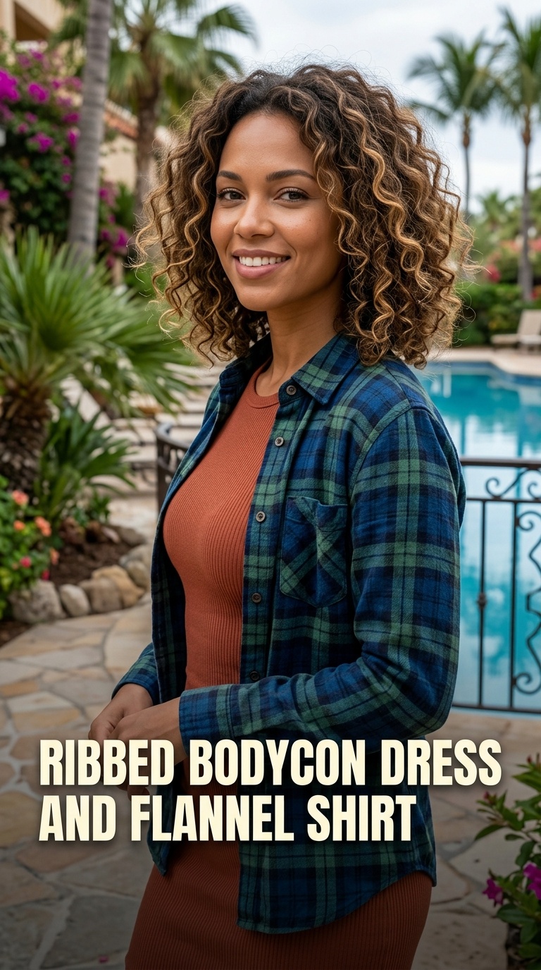 Ribbed Bodycon Dress and Flannel Shirt