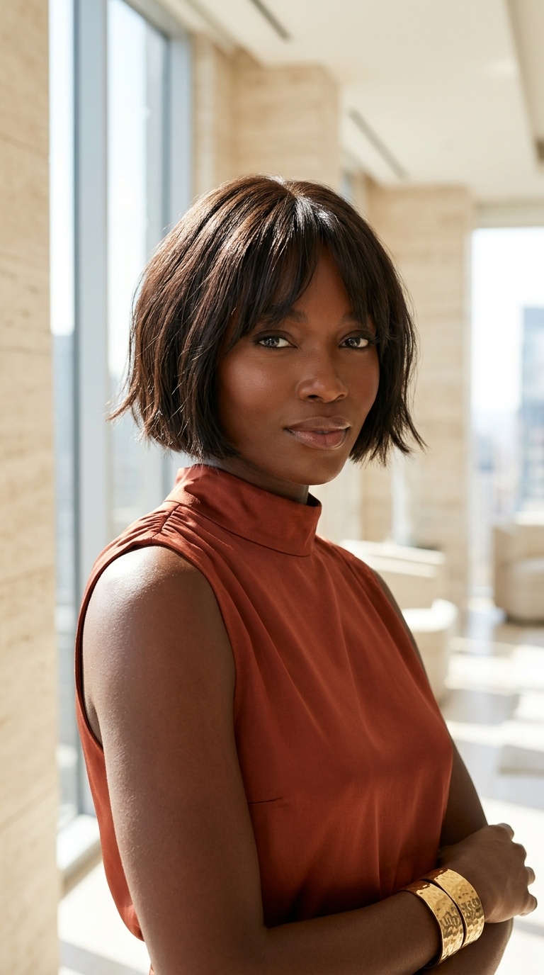 Short Bob Curtain Bangs Black Women