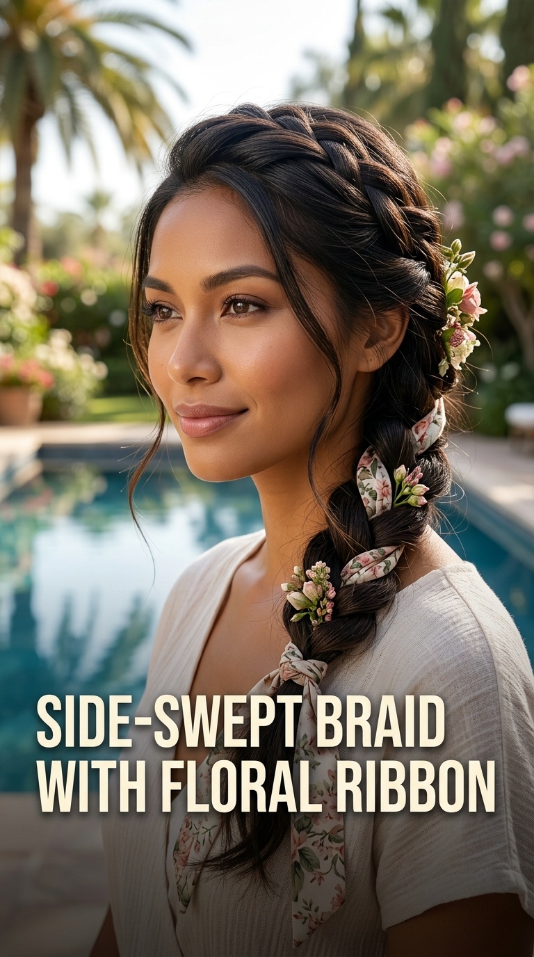 Side-Swept Braid with Floral Ribbon