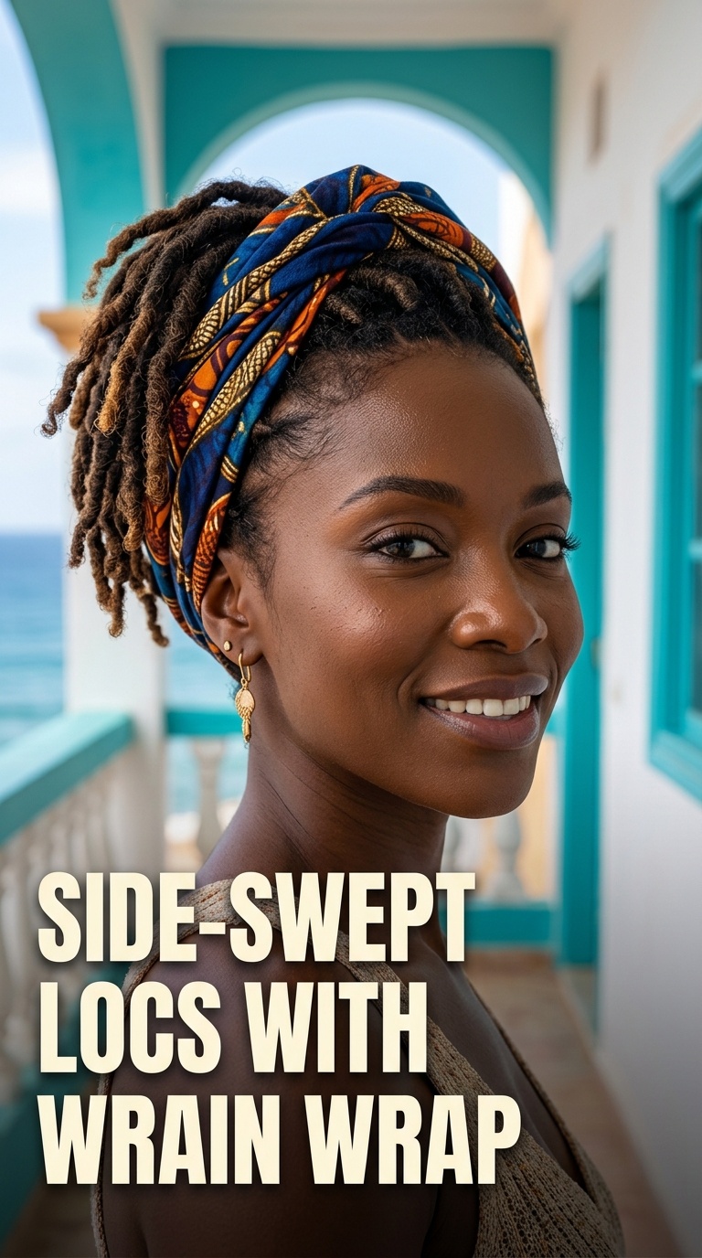 Side-Swept Locs with Turban Wrap