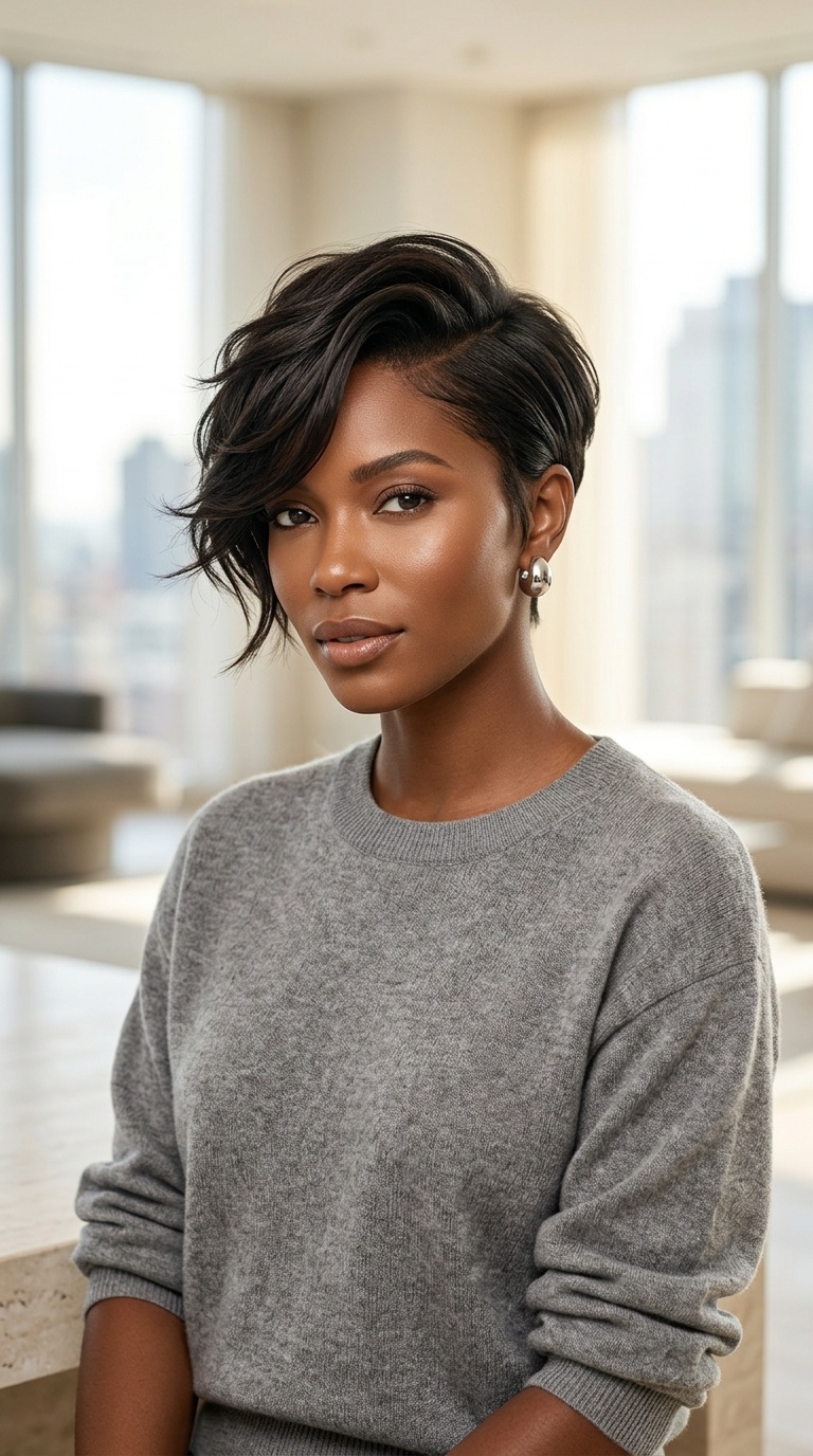 Side Swept Pixie Haircut Black Women