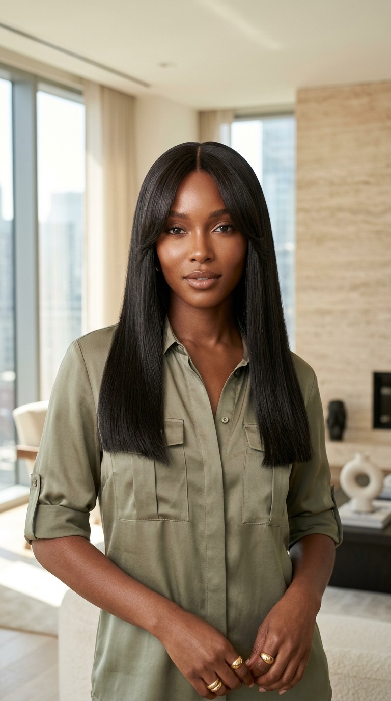 Silk Press Curtain Bangs Black Women