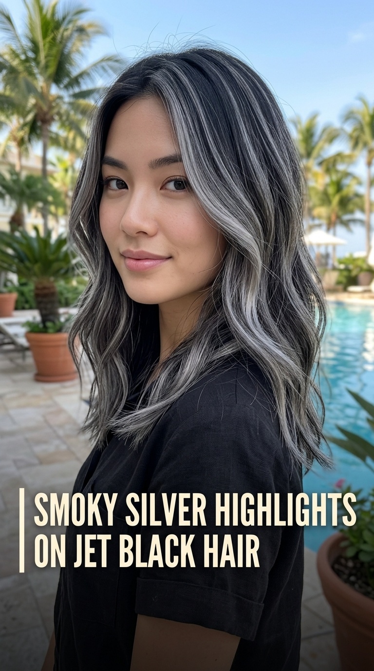 Smoky Silver Highlights on Jet Black Hair