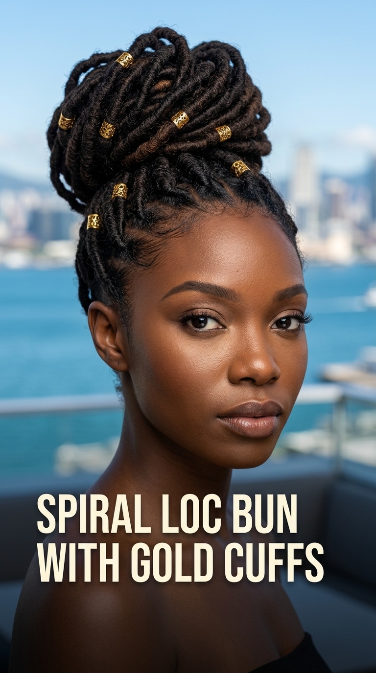 Spiral Loc Bun with Gold Cuffs